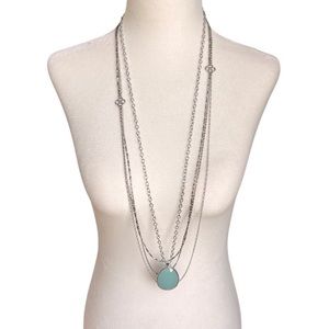 Long silver necklaces with reversible pendant (blue/brown)